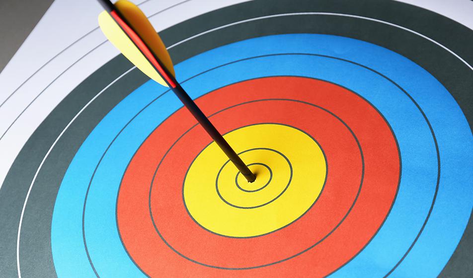 A coloured archery target is shown, with rings of yellow, red and blue. An arrow has hit the bullseye target in the centre of the board. 