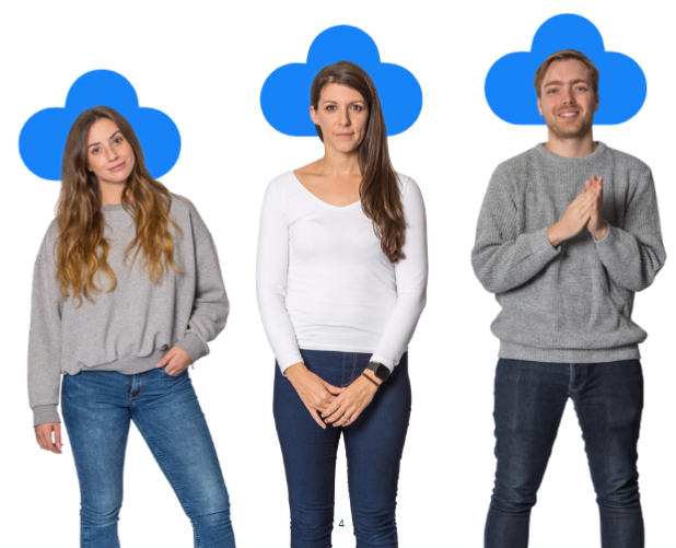 Three members of team Breathe are stood together against a white background. Behind each of their heads is a blue cloud representing Breathe's logo.