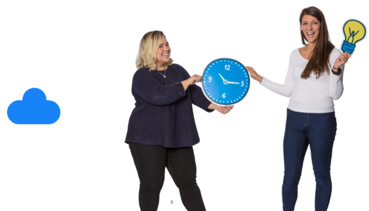 Two members of team Breathe are stood together against a white background. One colleague is holding a yellow cardboard cutout of a lightbulb whilst the other is handing her a blue cardboard cutout of a clock. In the background is a blue cloud representing Breathe's logo.