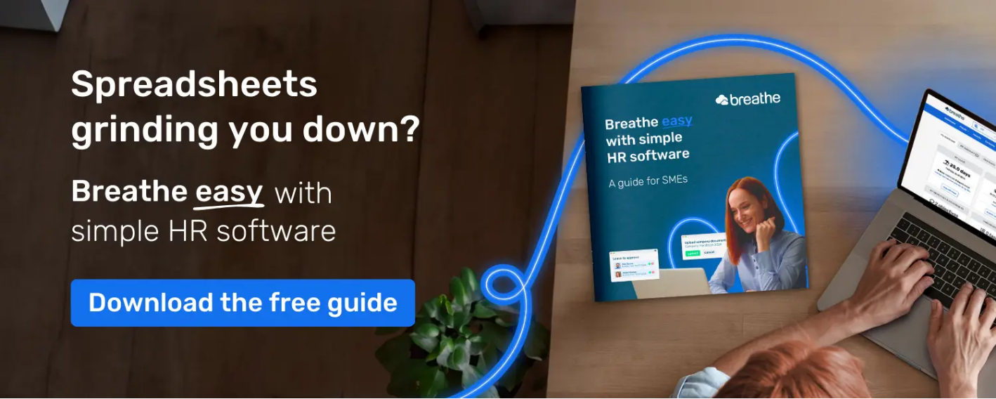 A laptop and Breathe HR software guide is shown amidst Breathe easy campaign imagery