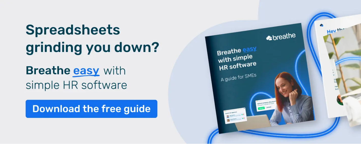 Breathe's HR software guide is shown, alongside Breathe easy campaign messaging on a grey background